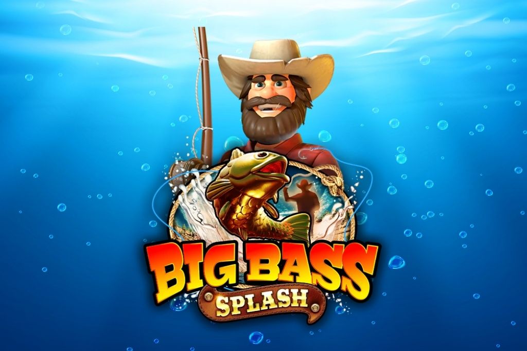 Logo oficial do slot Big Bass Splash 1000 com o pescador barbudo de chapéu de cowboy segurando uma vara de pesca e um grande peixe dourado saltando da água em frente a uma boia náutica, sobre fundo azul aquático com bolhas.