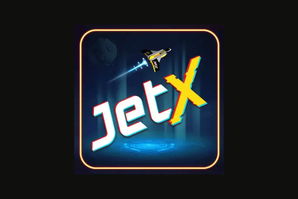 Logotipo oficial do jogo JetX em estilo retrô futurista. A palavra "Jet" aparece em branco com bordas azuladas e o "X" em destaque no amarelo e vermelho. Acima do nome, um caça a jato decola deixando um rastro de luz azul, tudo emoldurado por um quadrado de bordas neon arredondadas sobre um fundo espacial escuro.