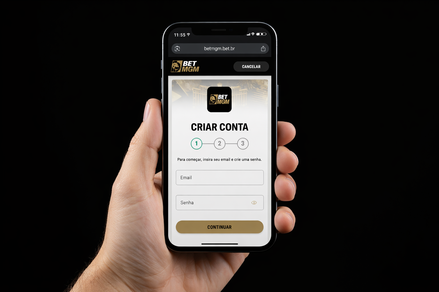 Visão frontal de um celular mostrando a primeira etapa do formulário de BetMGM cadastro. A tela exibe o título 'Criar Conta', um indicador de progresso de três etapas e campos para preenchimento de e-mail e senha, com um botão 'Continuar' na base.