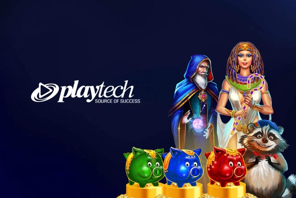 Logotipo da Playtech Cassino posicionado à esquerda de uma composição com personagens de jogos populares da marca, incluindo figuras egípcias, um mago e porquinhos coloridos sobre um fundo azul escuro.