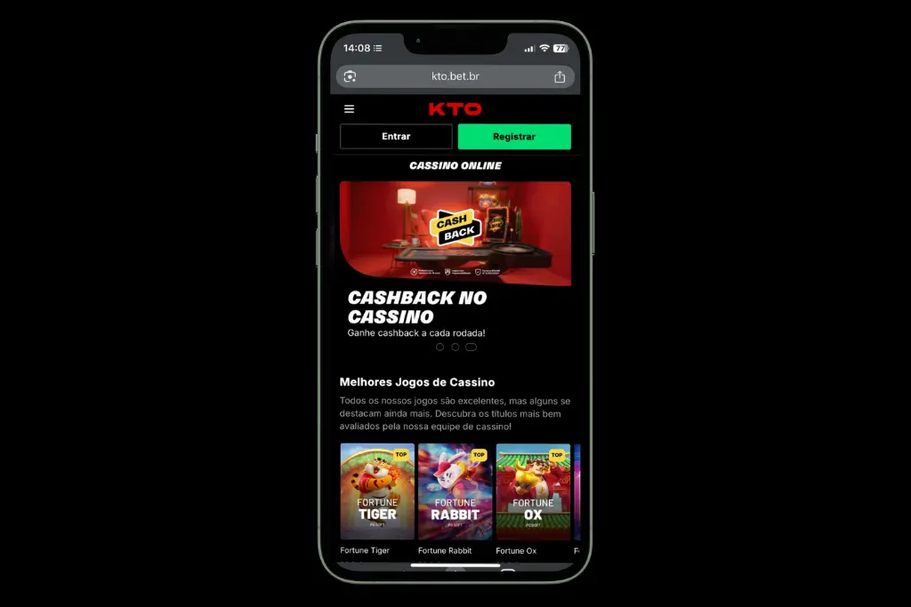 Tela de celular mostrando a página oficial da KTO com uma promoção de cassino com cashback e ícones de jogos populares como Fortune Tiger.