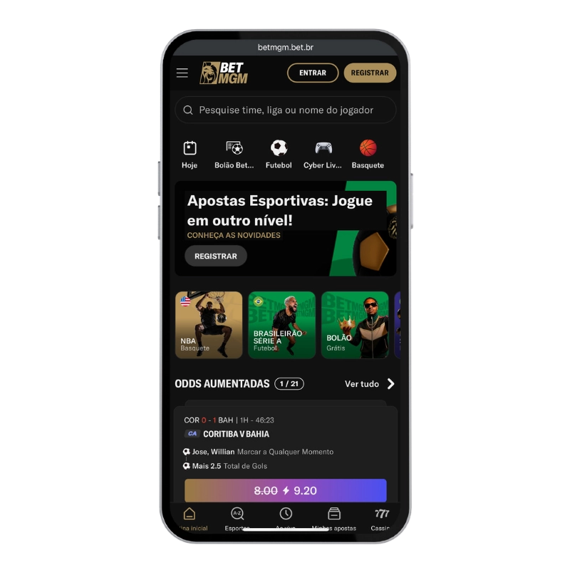 Tela mobile da BetMGM com interface de apostas esportivas, menu de esportes, banner promocional e área de odds aumentadas, usada para ilustrar opções de apostas múltiplas em casas de apostas online.