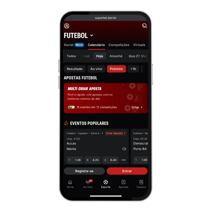 Tela mobile da Superbet na seção de futebol, com calendário de jogos, eventos populares e botão para criar aposta, representando a navegação para apostas múltiplas em partidas esportivas.