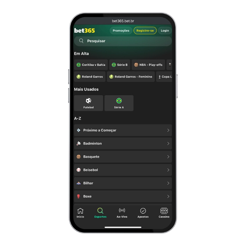 Tela mobile da Bet365 com lista de esportes, competições em alta e categorias A-Z, mostrando como o usuário pode encontrar eventos para montar apostas múltiplas na plataforma.
