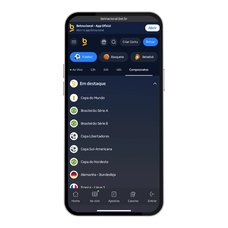 Tela mobile da Betnacional com campeonatos em destaque, como Copa do Mundo, Brasileirão Série A e Libertadores, usada para representar a escolha de mercados esportivos para apostas múltiplas.