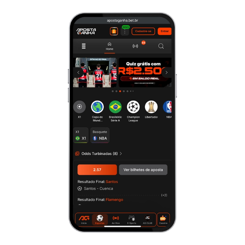 Tela mobile da Aposta Ganha com atalhos para campeonatos, odds turbinadas e bilhete de aposta, ilustrando recursos disponíveis para quem deseja fazer apostas múltiplas online.