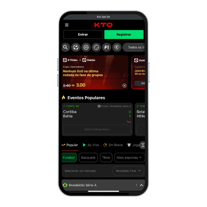 Tela mobile da KTO com eventos populares de futebol, odds em destaque e categorias de esportes, representando a seleção de jogos e mercados para apostas múltiplas.