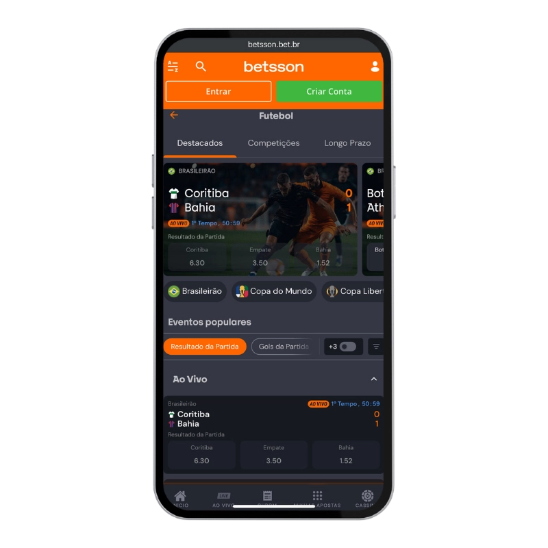 Tela mobile da Betsson na seção de futebol ao vivo, com placar de partida, odds e eventos populares, usada para ilustrar apostas múltiplas em jogos esportivos em tempo real.