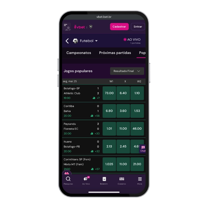 Tela mobile da Vbet com lista de jogos populares, odds de resultado final e menu inferior da plataforma, mostrando opções de partidas para compor apostas múltiplas.