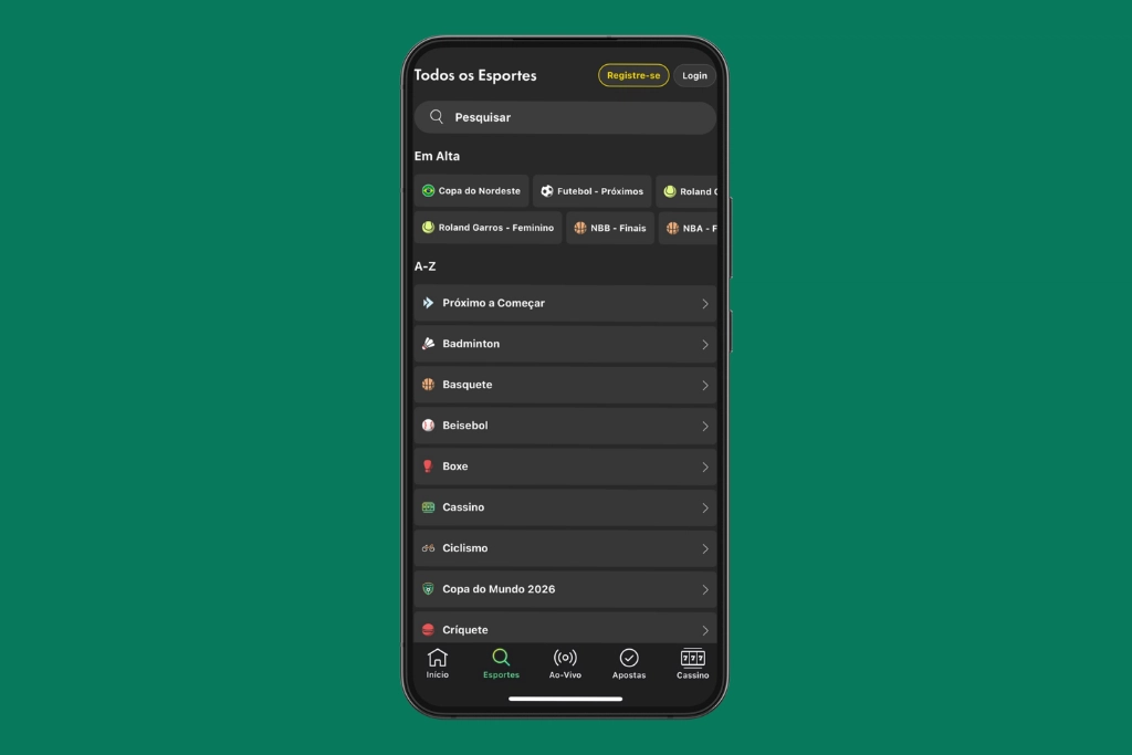 Smartphone centralizado em fundo verde exibindo a tela "Todos os Esportes" do bet365 app. A interface em modo escuro destaca uma barra de pesquisa, a seção "Em Alta" com botões para Copa do Nordeste e Roland Garros, além de uma lista de modalidades de A a Z, incluindo Badminton, Basquete, Beisebol, Boxe e Cassino.