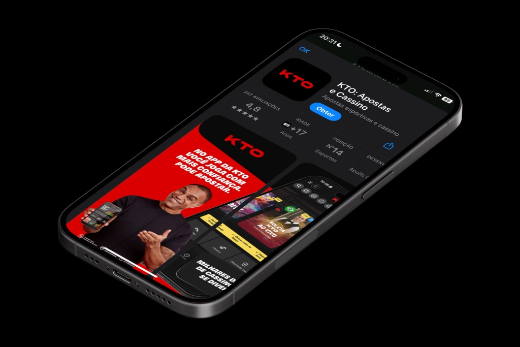 KTO app aberto na App Store em um smartphone, com prévia do aplicativo de apostas esportivas e cassino online da KTO.