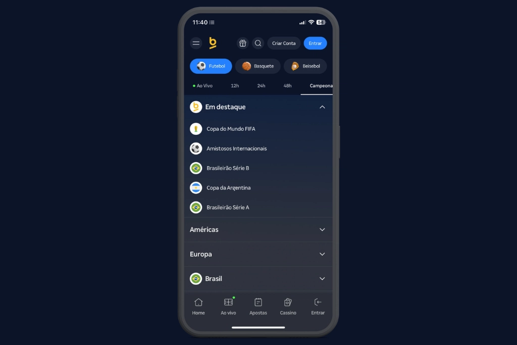 Interface de apostas em futebol dentro do Betnacional app, exibindo o menu de competições em destaque como a Copa do Mundo FIFA, Brasileirão Série A e Série B, além de opções de navegação no rodapé.