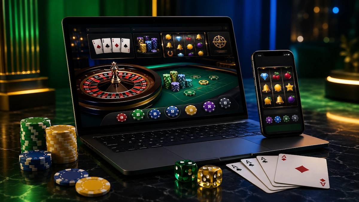 Imagem ilustrativa de cassinos online no Brasil, com laptop e smartphone exibindo jogos de roleta e slots, ao lado de fichas, cartas e dados em um ambiente sofisticado.