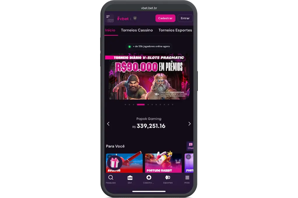Tela de smartphone mostrando o cassino Vbet com banners sobre torneios diários de slots da PG Soft e Pragmatic, ideal para jogadores competitivos que buscam alternativas a 5 reais grátis para apostar slots.