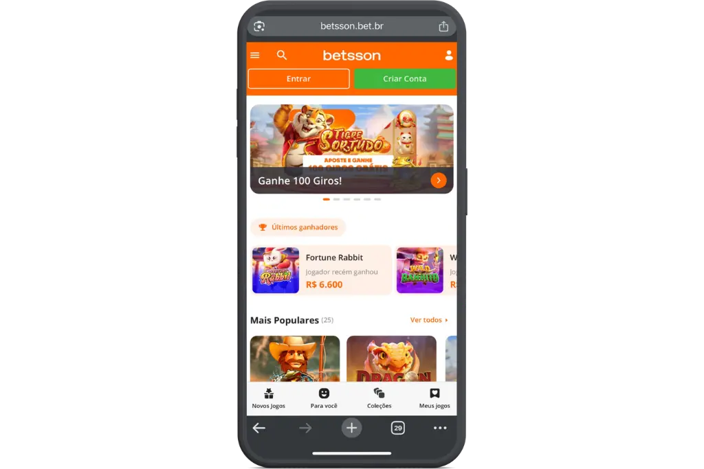 Interface mobile da Betsson destacando o bônus "Ganhe 100 Giros!" no jogo Tigre Sortudo, perfeita para quem pesquisa por promoções no estilo 5 reais grátis para apostar slots.