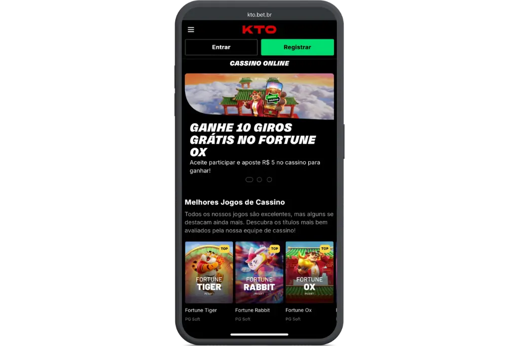 Captura de tela de celular do cassino KTO promovendo a oferta "Gire e ganhe 10 giros grátis", atraindo o público interessado em oportunidades de 5 reais grátis para apostar slots.