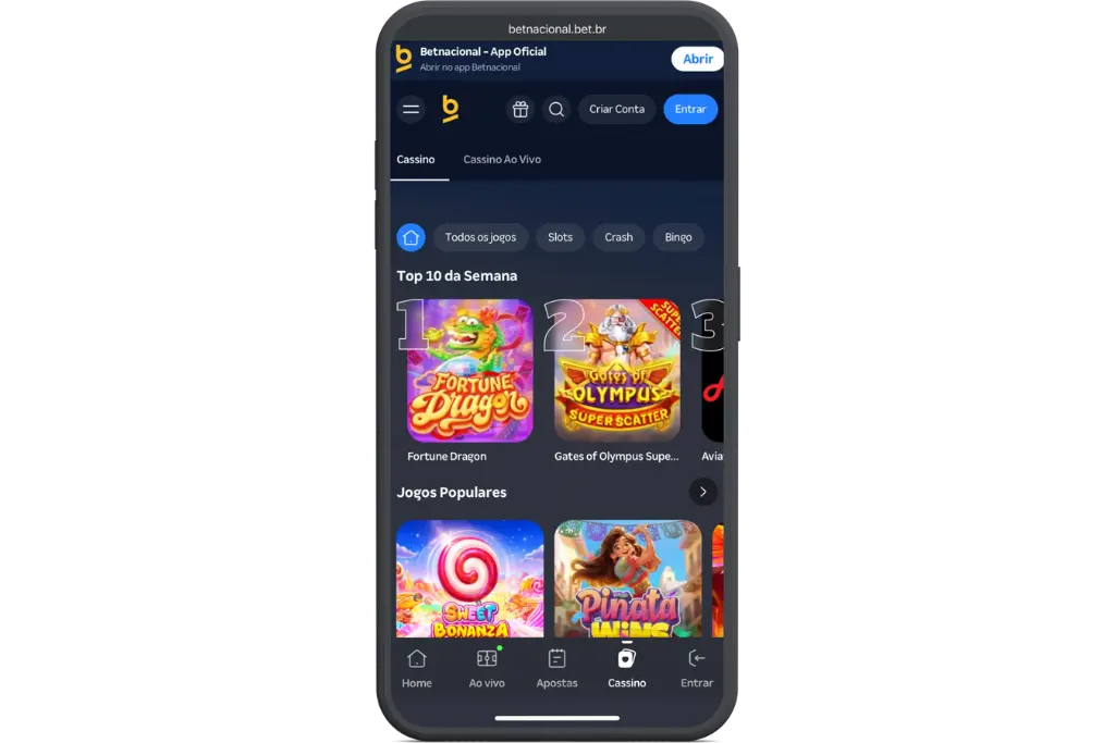 Visualização em smartphone da aba de cassino da Betnacional, apresentando os jogos Fortune Dragon e Gates of Olympus no Top 10 da semana, excelente para explorar opções semelhantes a 5 reais grátis para apostar slots.