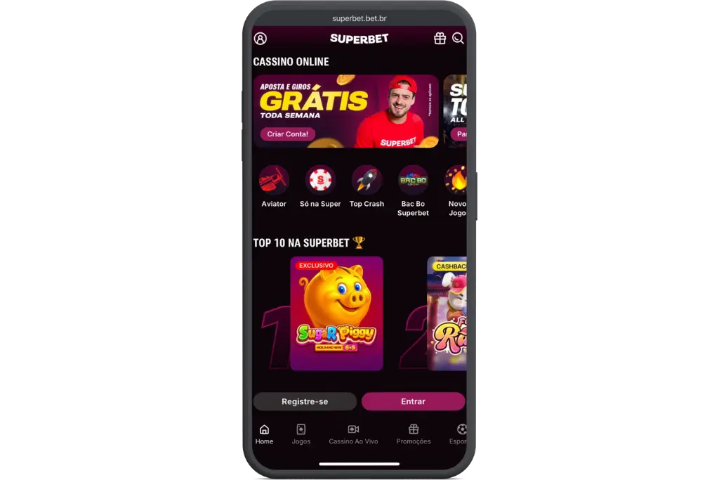 Tela de celular mostrando a página de cassino online da Superbet com destaque para a promoção de apostas e giros grátis toda semana, uma alternativa atrativa para fãs de bônus como 5 reais grátis para apostar slots.