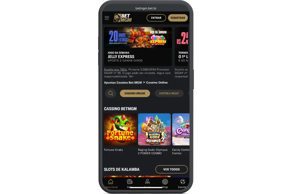 Captura de tela de smartphone exibindo a seção de cassino do site BetMGM, promovendo 20 giros extras no jogo Jelly Express, ideal para quem busca ofertas como 5 reais grátis para apostar slots.