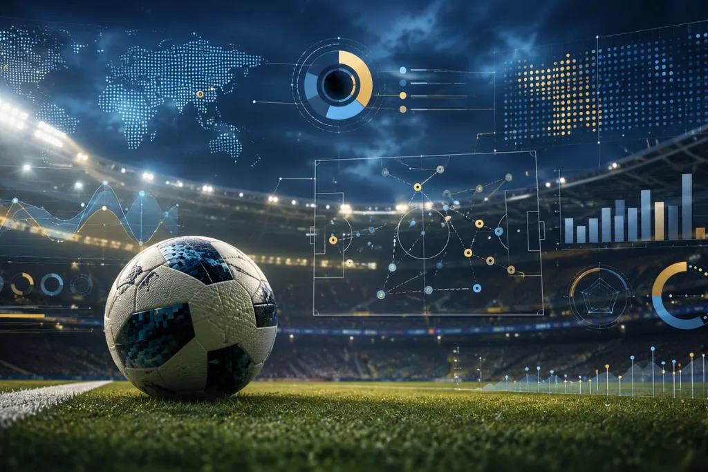 Elementos visuais e gráficos com estatísticas de Copa do Mundo sobrepostos a um campo de futebol à noite. Em primeiro plano, uma bola com detalhes em azul está sobre o gramado. Ao fundo, um estádio iluminado exibe projeções digitais de mapas mundiais, gráficos de pizza, barras de desempenho e um esquema tático tridimensional do campo de jogo.
