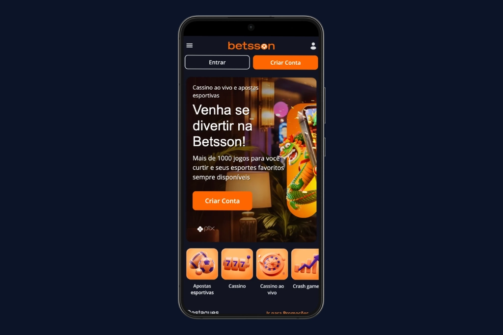 Tela de cadastro e login do Betsson App, disponível na Play Store. A imagem mostra o convite "venha se divertir na Betsson". 