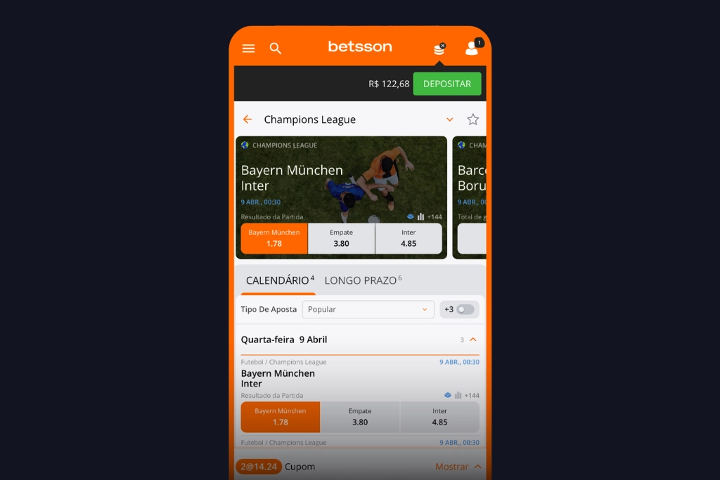Imagem de divulgação da seção de apostas esportivas do Betsson App.