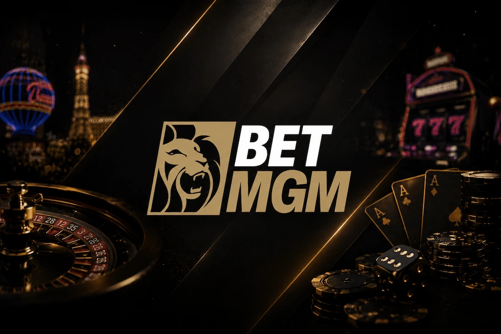 Logo da BetMGM em destaque sobre fundo escuro e elegante, com elementos de cassino em neon, roleta, cartas, dados e fichas em clima sofisticado de Las Vegas.
