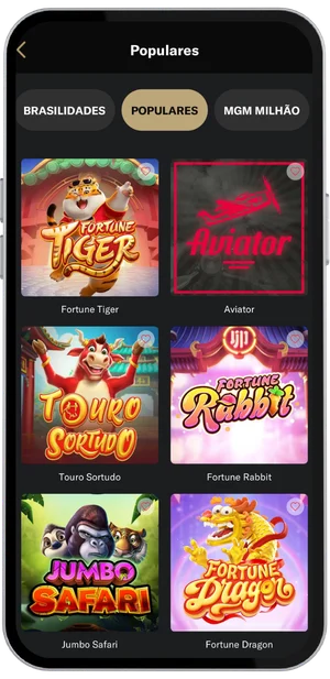BetMGM cassino com tela de jogos populares, exibindo slots como Fortune Tiger, Aviator, Touro Sortudo, Fortune Rabbit, Jumbo Safari e Fortune Dragon.