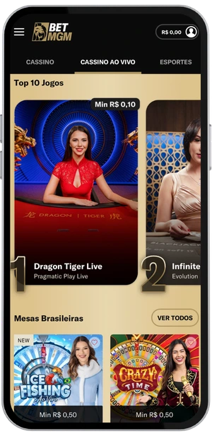 Área de cassino ao vivo do BetMGM cassino com jogos de dealer ao vivo, ranking de mesas populares e opções como Dragon Tiger Live.