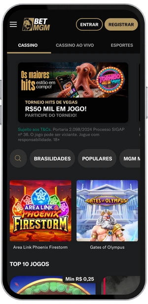 Captura de tela da tela inicial do app BetMGM, exibindo promoções e botões para login ou cadastro. 