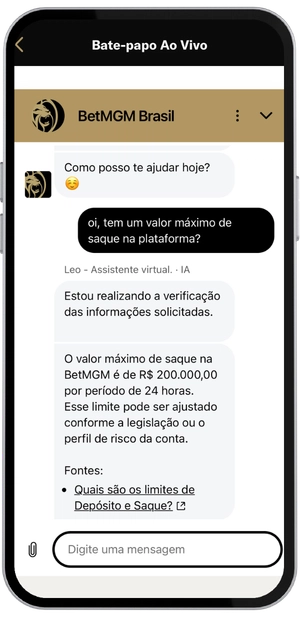Chat de suporte ao vivo do BetMGM cassino informando o limite máximo de saque de R$ 200.000 por período de 24 horas.