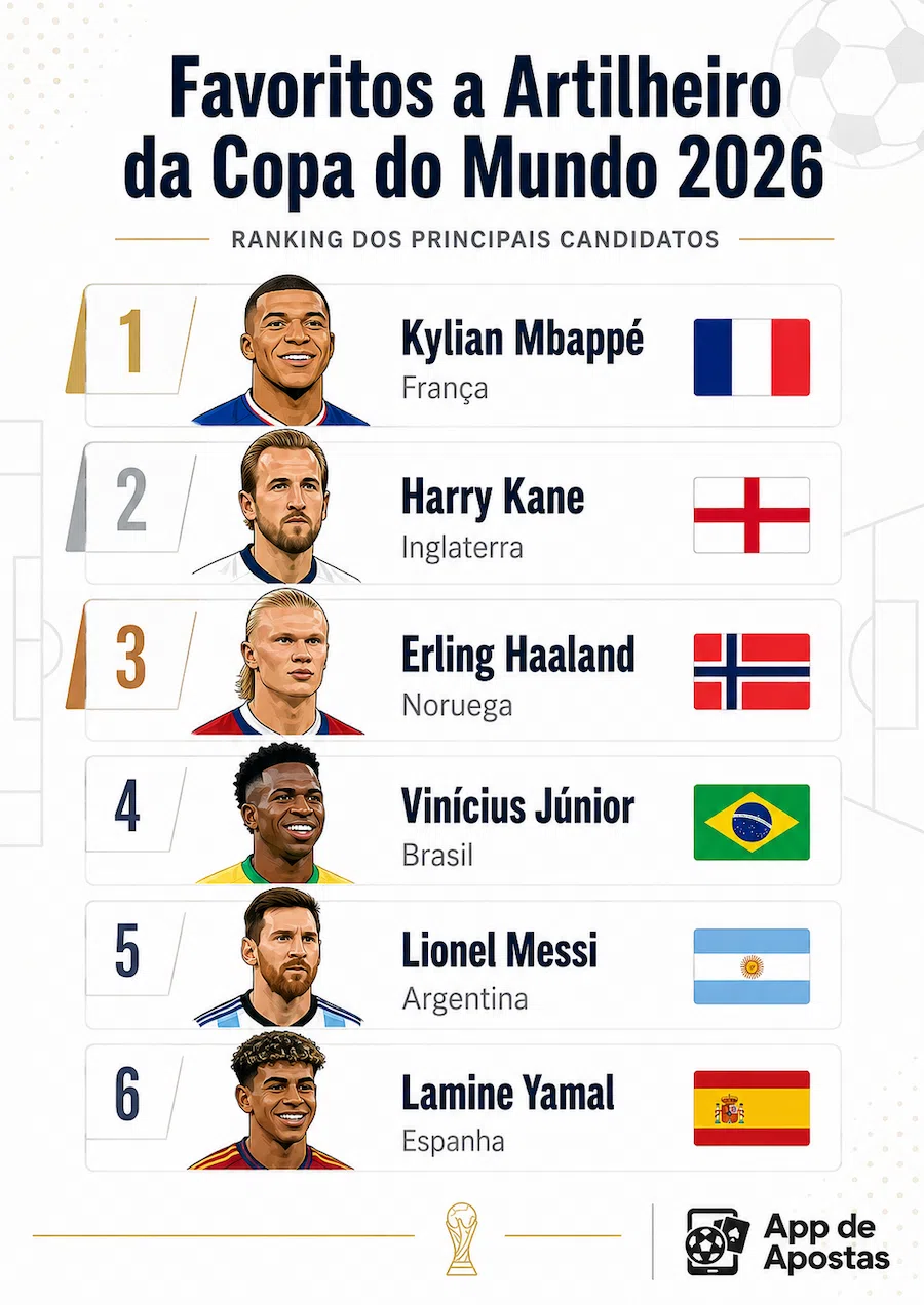 Infográfico com ranking de favoritos, ilustrações e bandeiras para apostar no artilheiro da Copa do Mundo 2026.