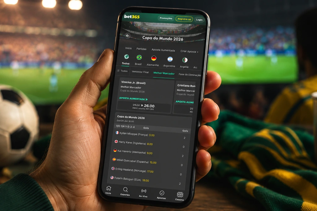 Mão segurando celular com tela de odds de futebol durante jogo na TV, ilustrando como apostar no artilheiro da Copa do Mundo.