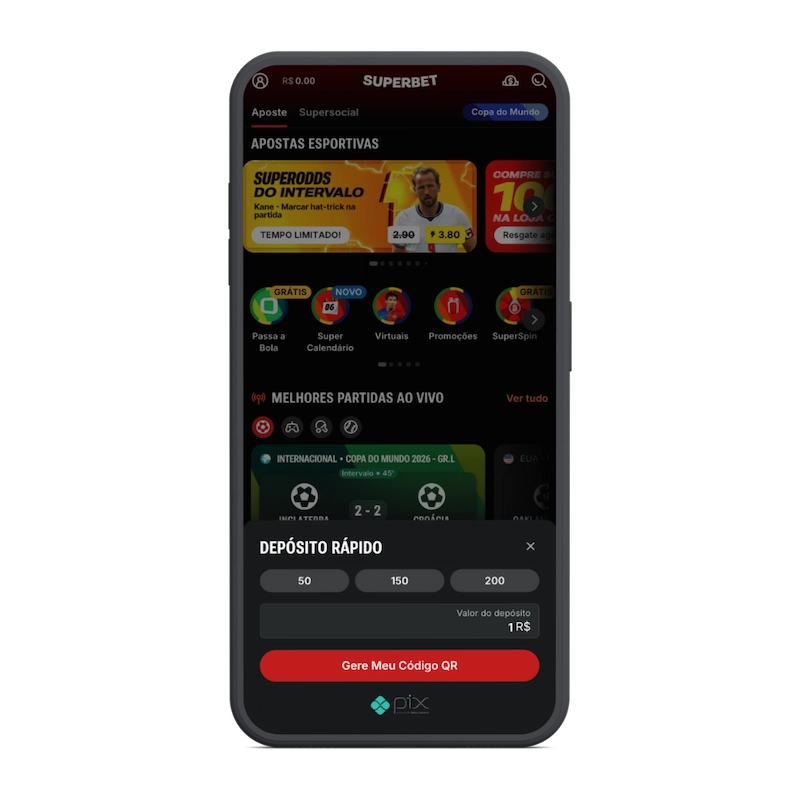 Captura de tela da opção de depósito no app para apostas de futebol Superbet.