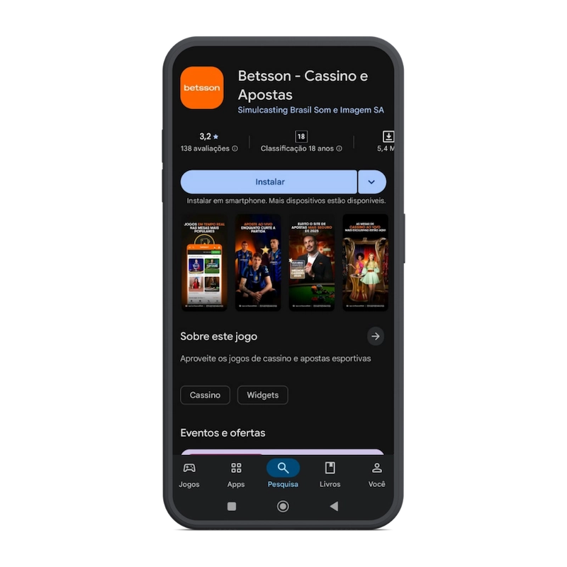 Captura de tela do app para apostas de futebol Betsson na Play Store.