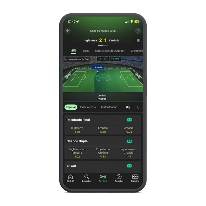 Captura de tela do app para apostas de futebol bet365, exibindo detalhes de uma partida da Copa do Mundo ao vivo.