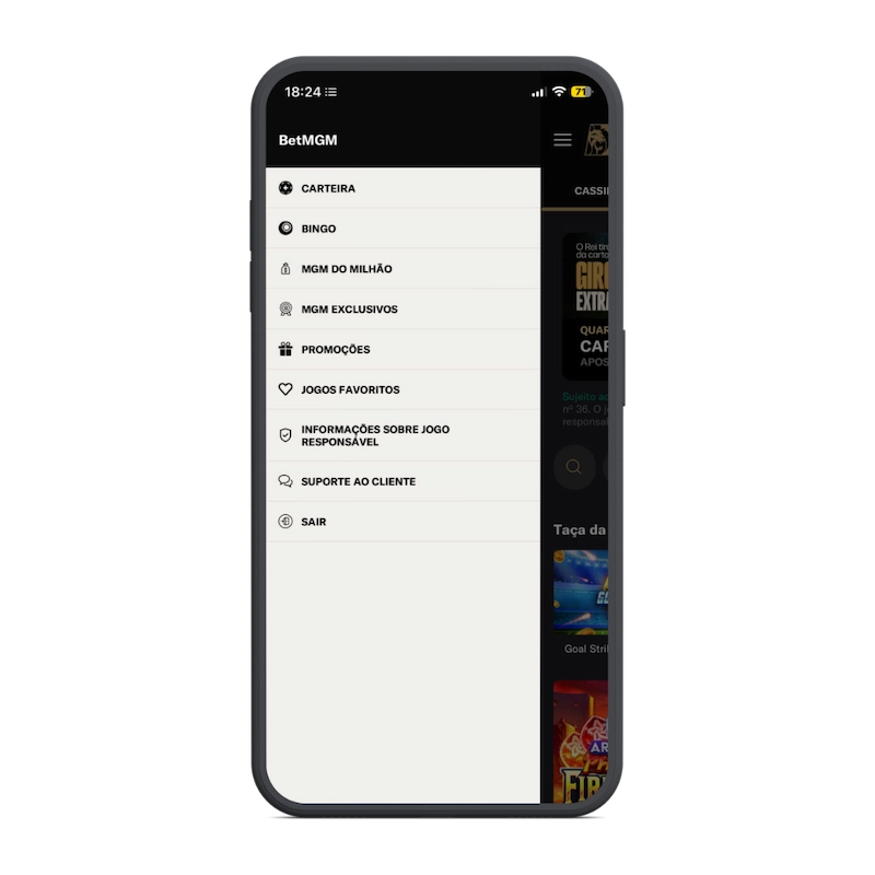 Captura de tela do menu de navegação do app para apostas de futebol BetMGM.
