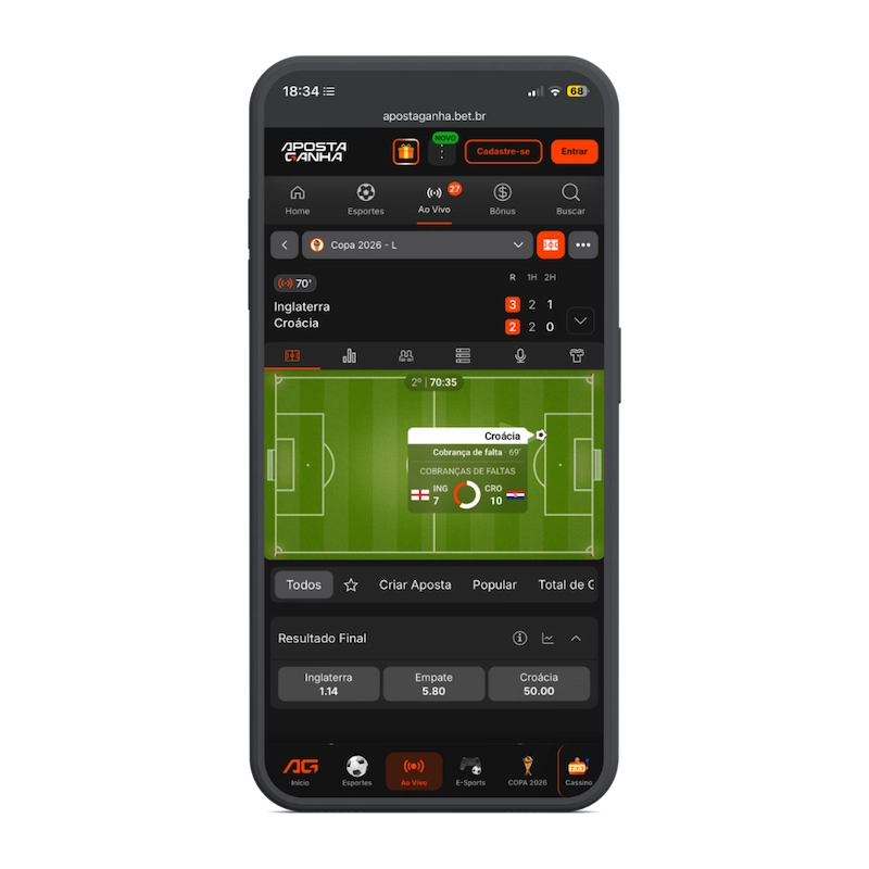 Captura de tela do site mobile do app para apostas de futebol Aposta Ganha.