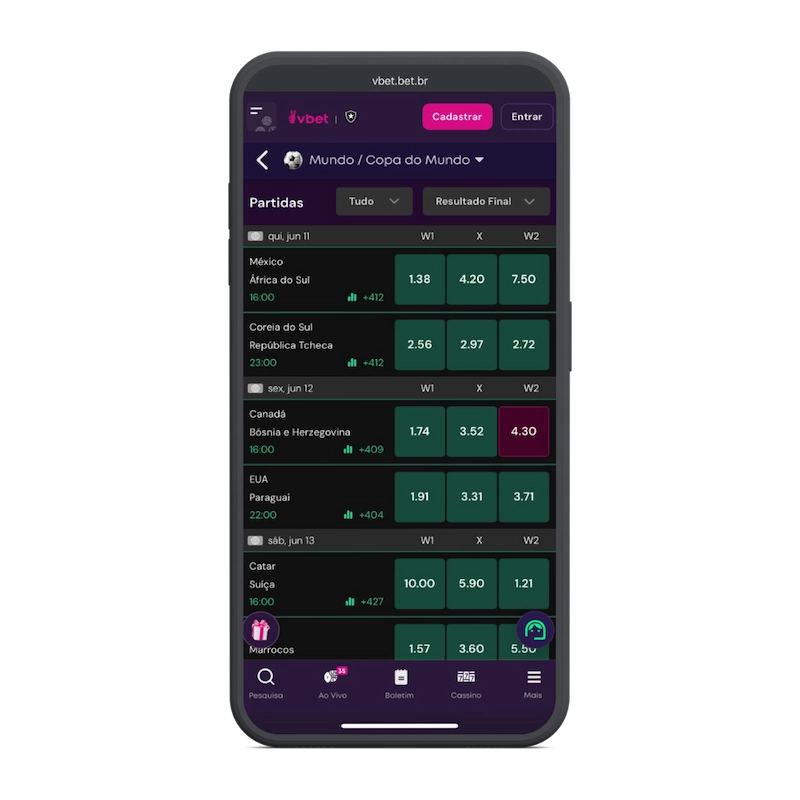 Captura de tela do app para apostas de futebol Vbet. melhores-apps-apostas-futebol-odds.webp