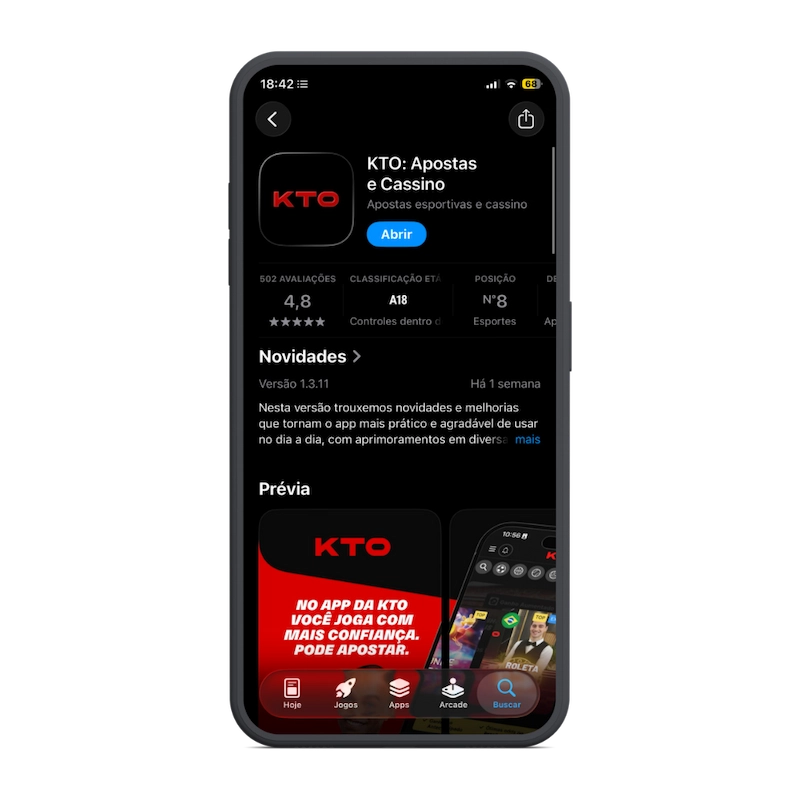 Captura de tela do app para apostas de futebol KTO na Apple Store.