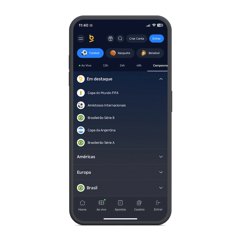 Captura de tela do menu de navegação do app para apostas de futebol Betnacional.