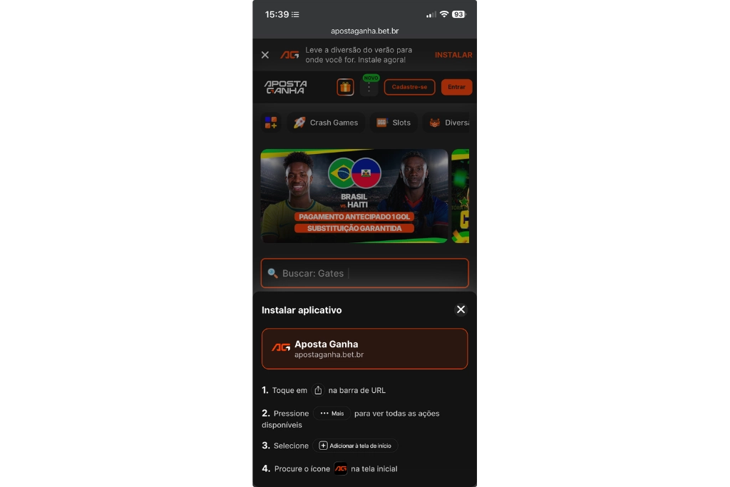Captura de tela do Aposta Ganha app na versão mobile pelo navegador no iPhone. A imagem mostra o passo a passo para salvar um atalho na tela inicial do iPhone para a Aposta Ganha. 