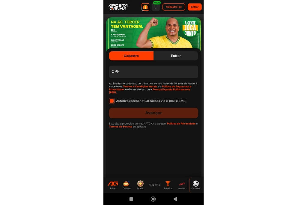 Captura de tela da área de cadastro do Aposta Ganha app. 