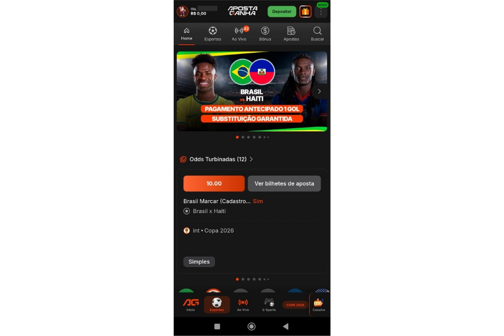 Captura de tela que exibe a área de esportes no Aposta Ganha app. 