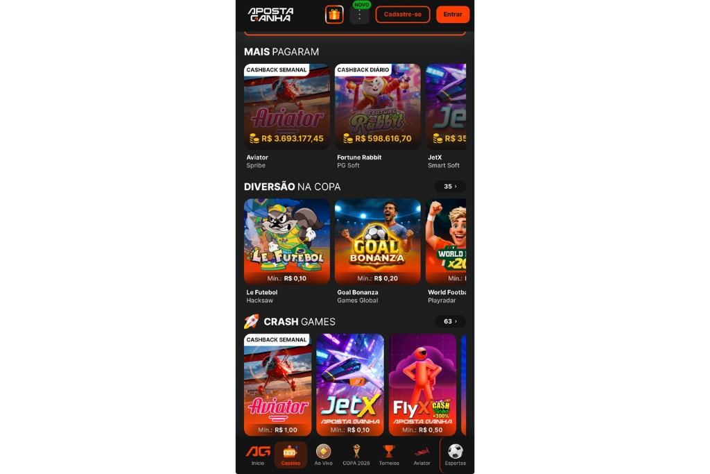 Captura de tela que exibe a área de cassino no Aposta Ganha app. 