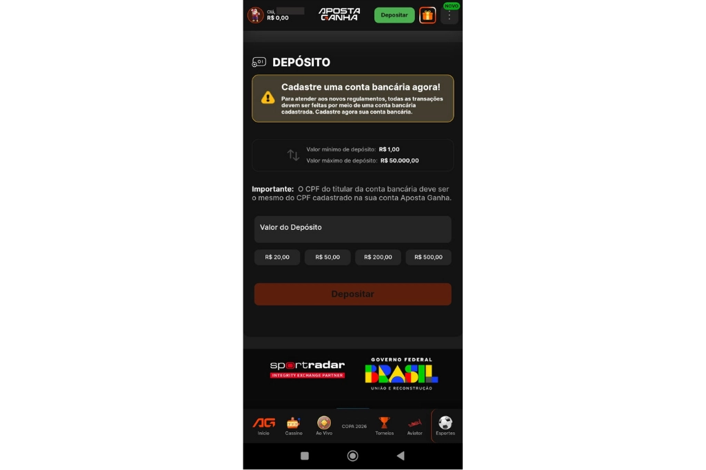 Captura de tela que exibe a área de depósito no Aposta Ganha app. 