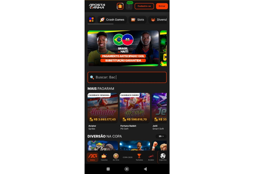 Captura de tela que exibe a tela inicial do Aposta Ganha app. 