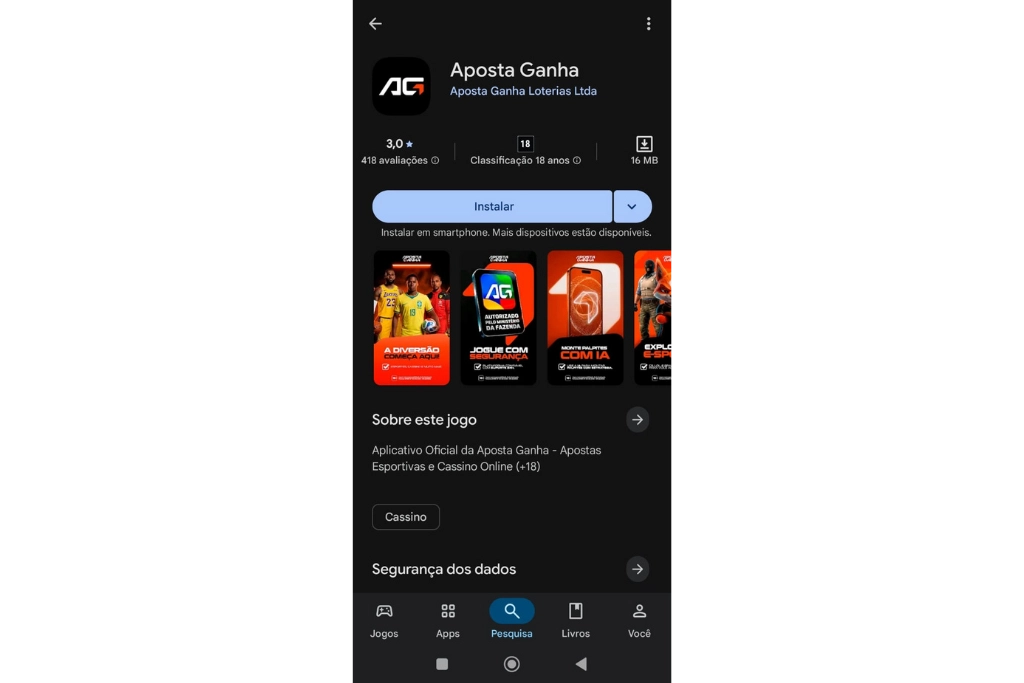 Captura de tela do Aposta Ganha app para download na Play Store, disponível para aparelhos Android. 