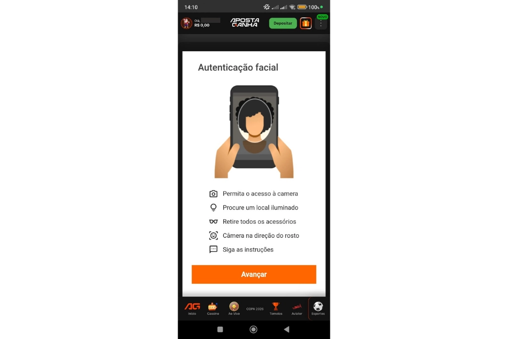 Captura de tela que exibe a área de verificação de identidade do apostador do Aposta Ganha app. 