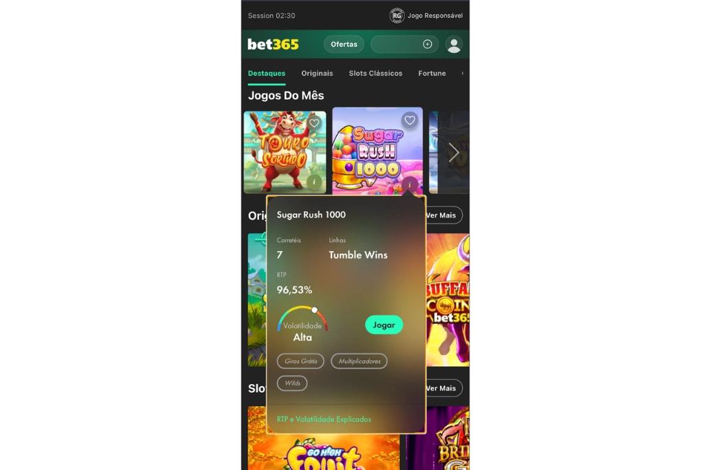 Captura de tela da bet365 que exibe o RTP do slot Sugar Rush 1000.